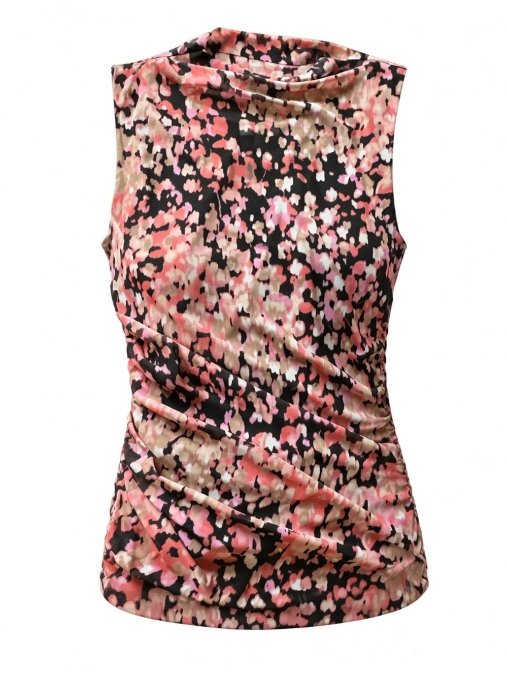 Bar III Pink Black Tan Abstract Print Ruched Sleeveless Top L NWOT
